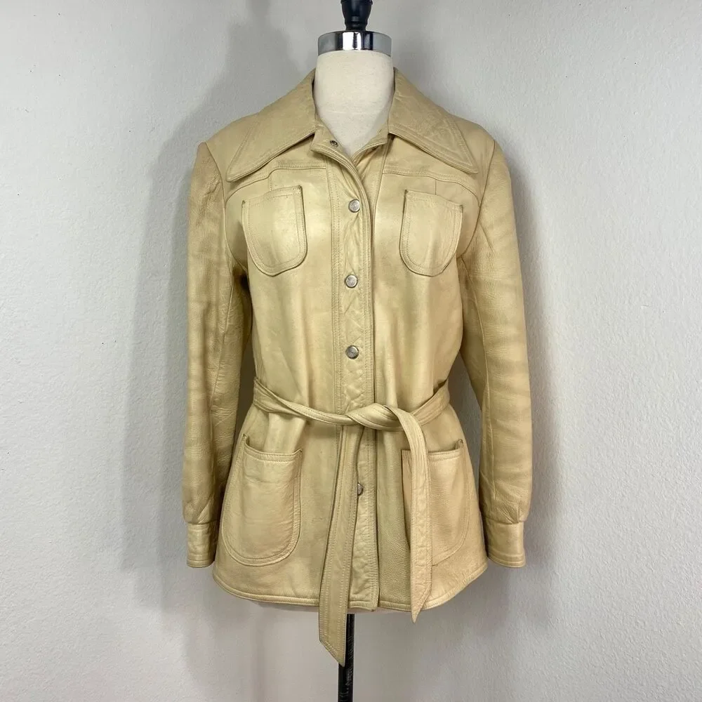 Vintage 70 New England Sportswear Trench Beige Leather Jacket 12 Snap Front Belt